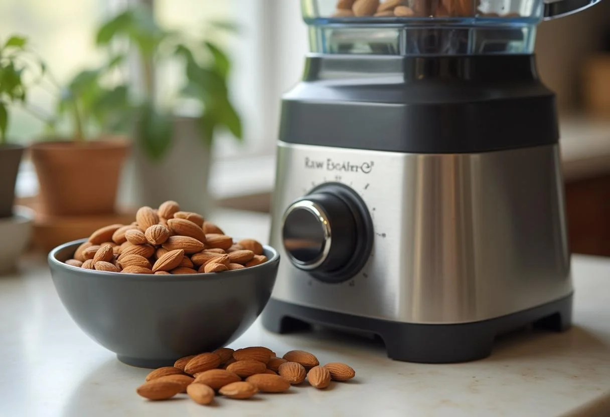 Raw almonds ready for making crema de almendras in a high-powered blender.