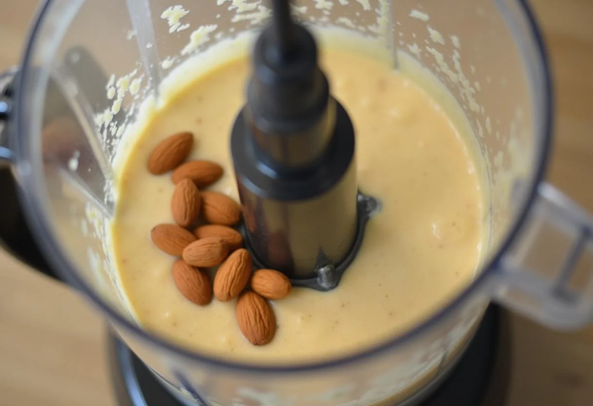 Blending raw almonds into a creamy consistency for crema de almendras recipe.