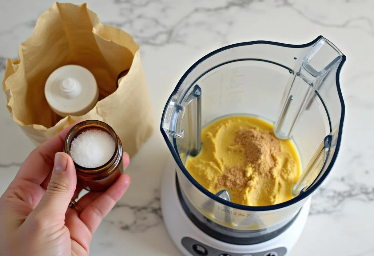 Adding salt and honey to blended almonds for making crema de almendras.