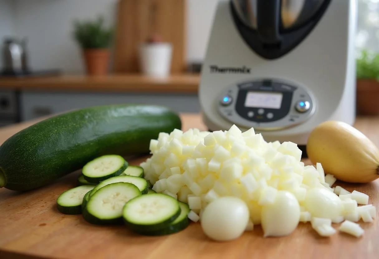 Ingredientes frescos para la crema de calabacín thermomix, incluyendo calabacín y patatas, preparados para la receta.