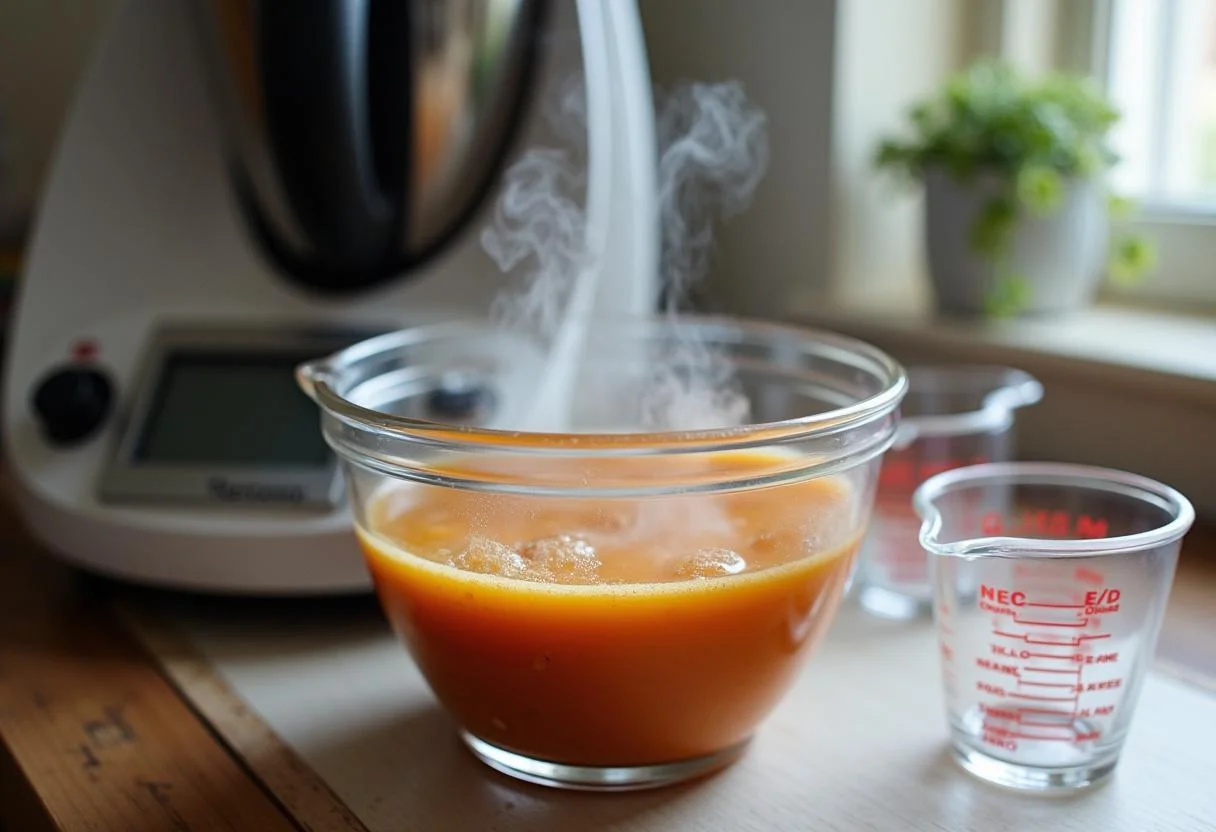Thermomix mezclando los ingredientes para el puré de calabacín thermomix hasta obtener una textura suave.