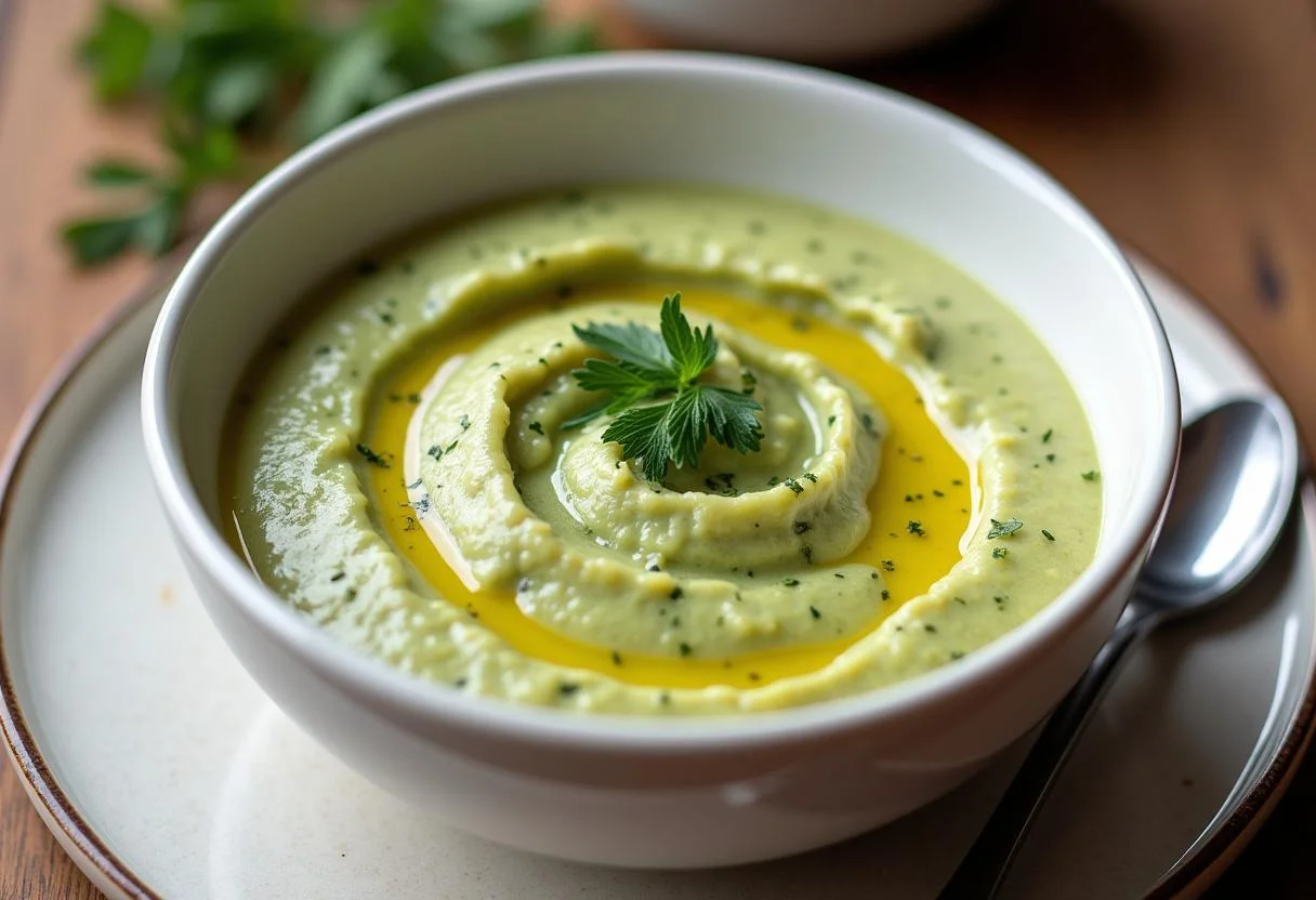 Crema de calabacín thermomix lista para servir, adornada con aceite de oliva y hierbas frescas.
