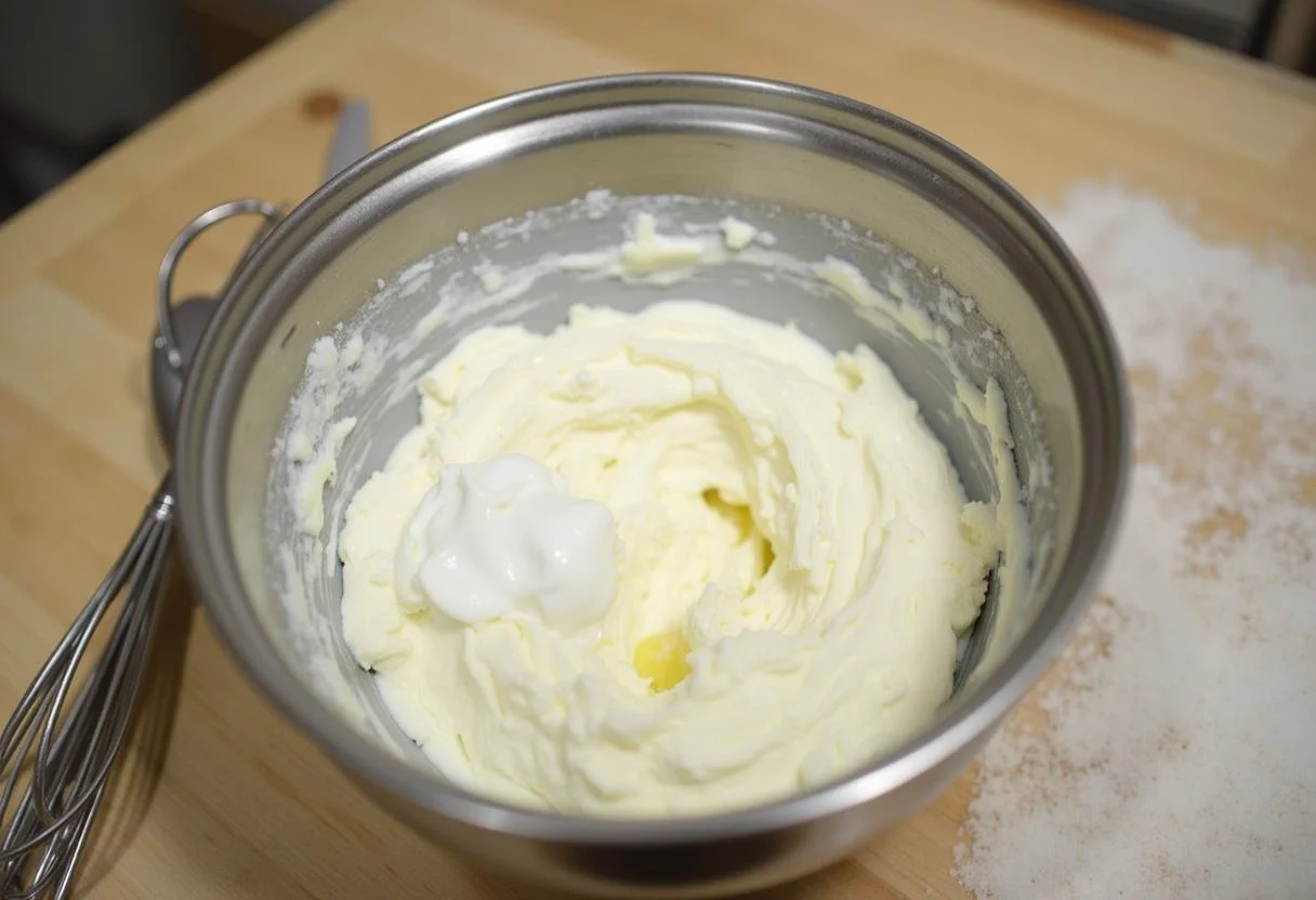 Ingredientes para crema de queso: crema de queso y crema agria en un tazĂłn de mezcla.