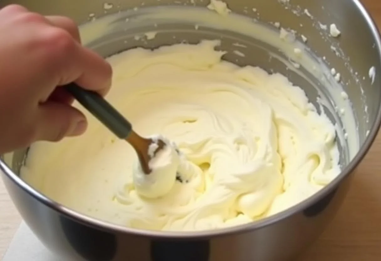 Mezclando la crema de queso casera para obtener una textura suave y cremosa.