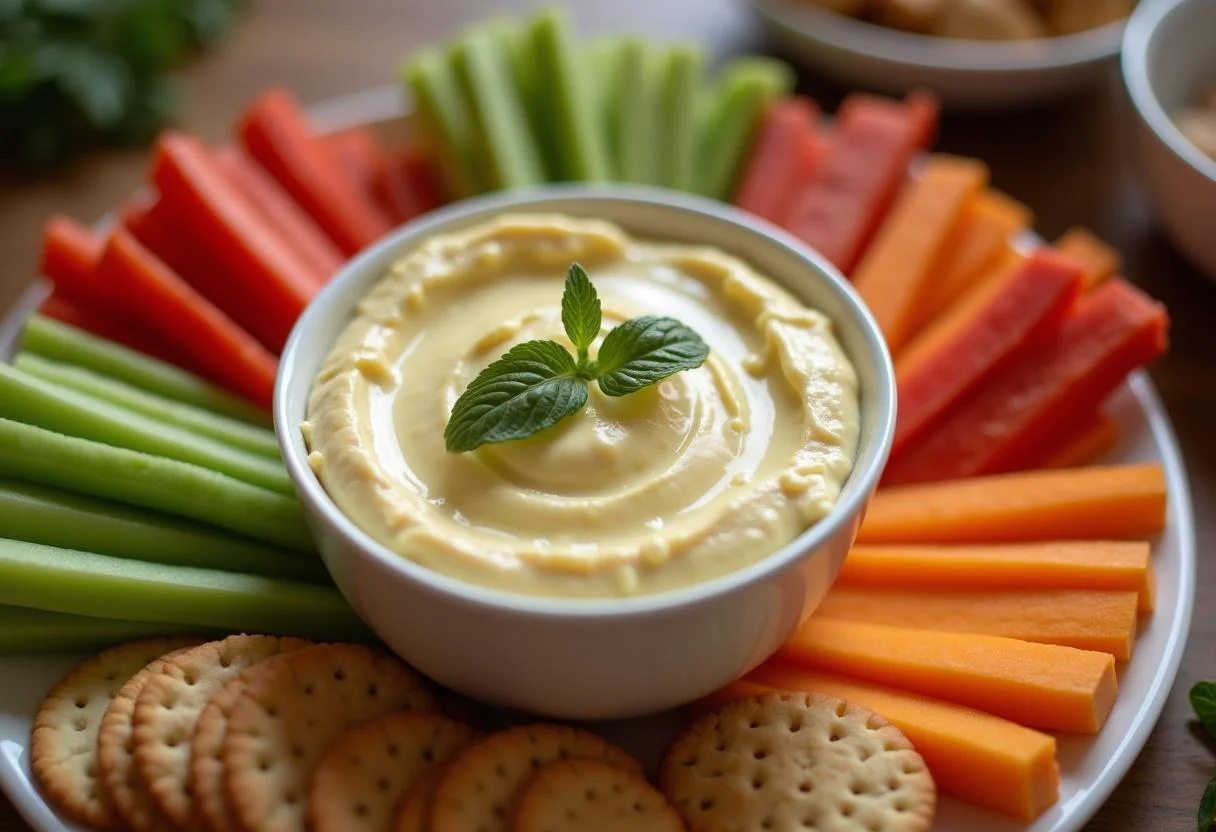 Crema de queso lista para servir, acompañada de verduras frescas y galletas.