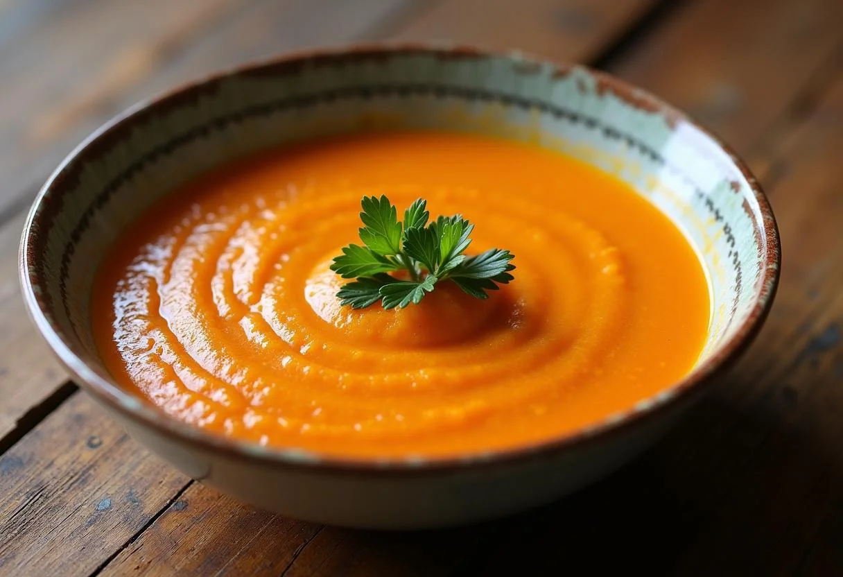 Deliciosa crema de zanahoria y patata servida en un tazón, perfecta para una comida ligera.