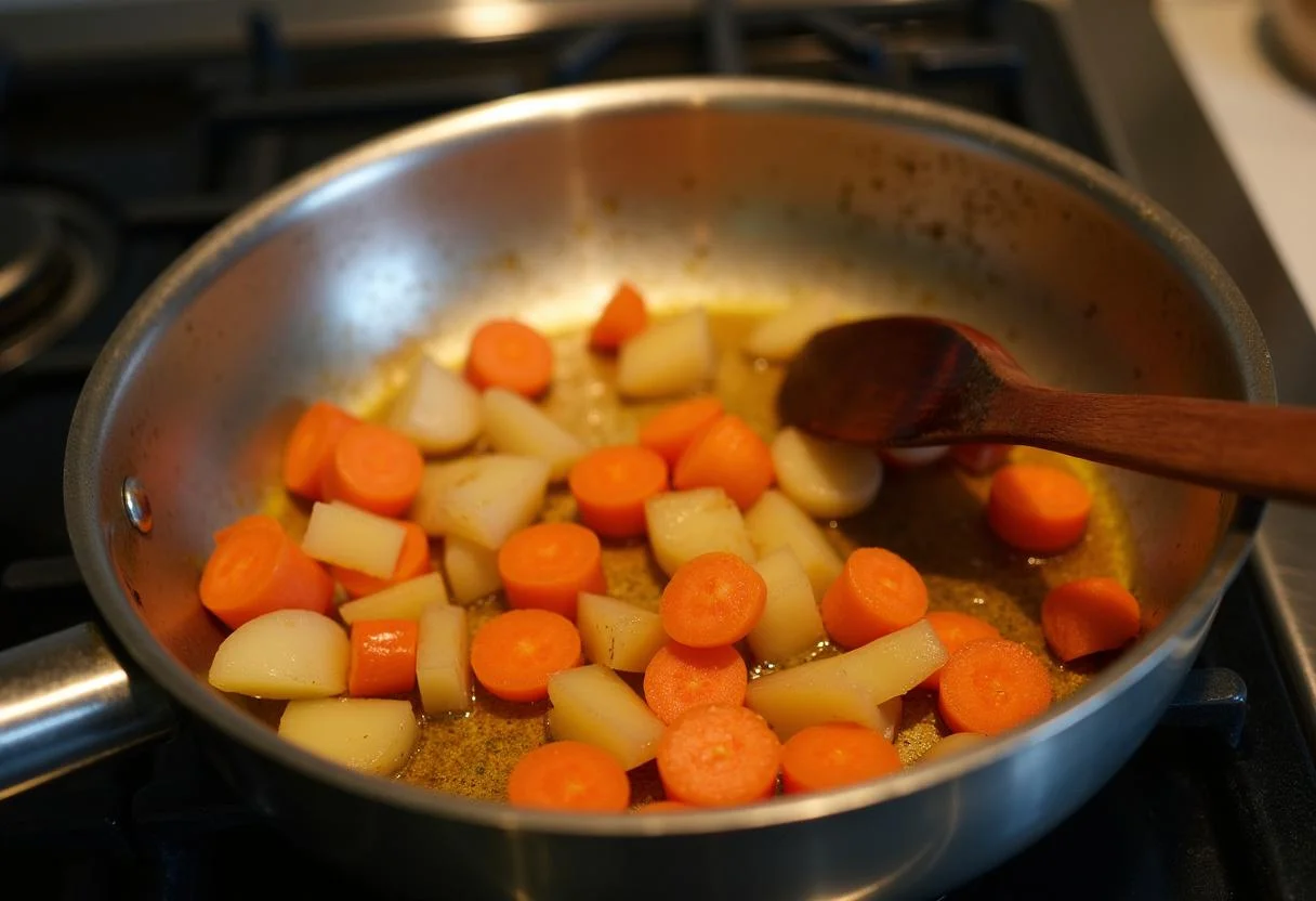 Zanahorias y patatas troceadas sofriéndose en una olla para la receta de crema de zanahoria y patata.