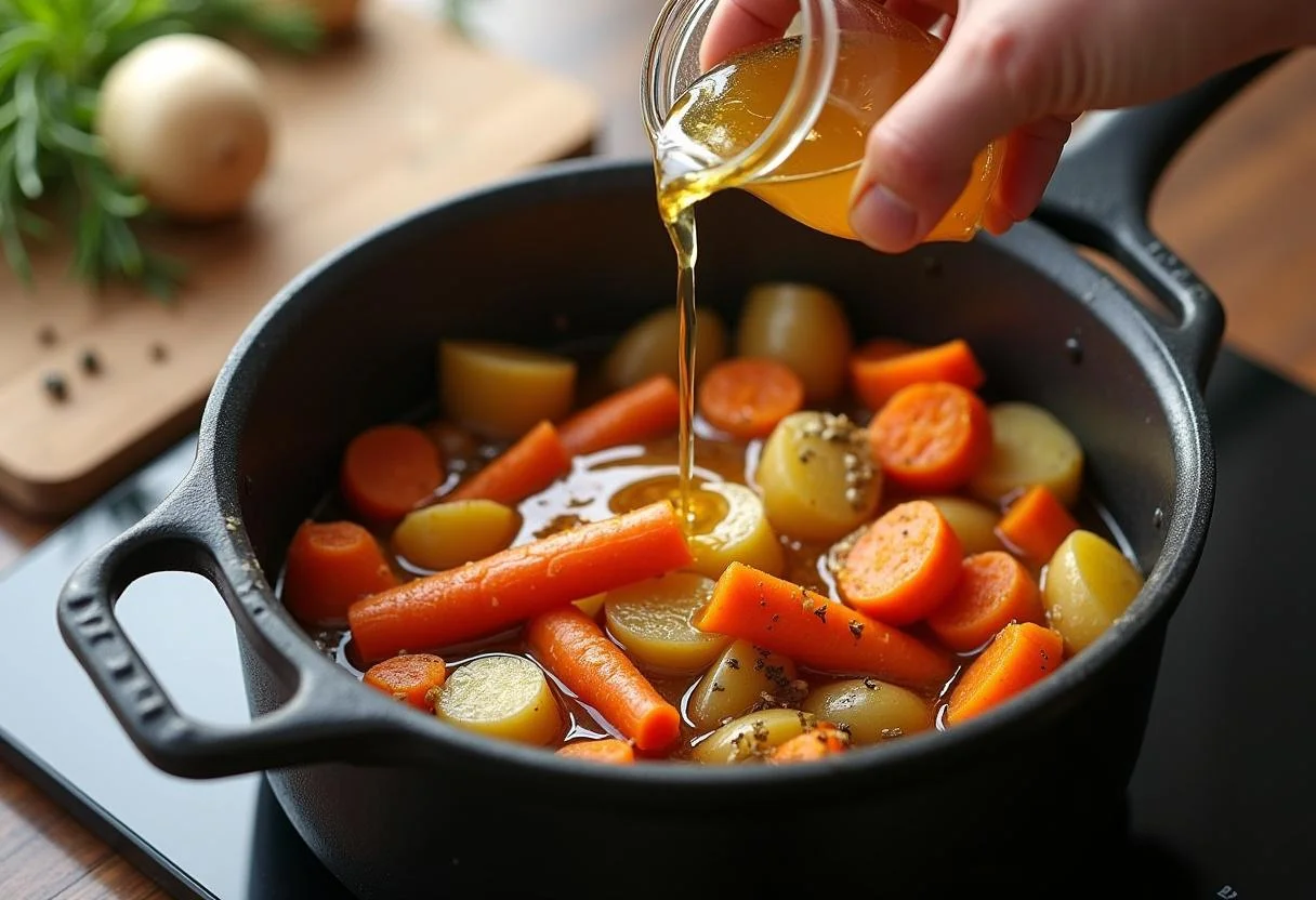 Caldo de verduras añadiéndose a las zanahorias y patatas salteadas para la crema de zanahoria y patata.