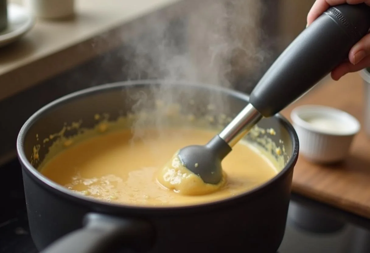 Triturando la mezcla para una crema de zanahoria y patata suave.