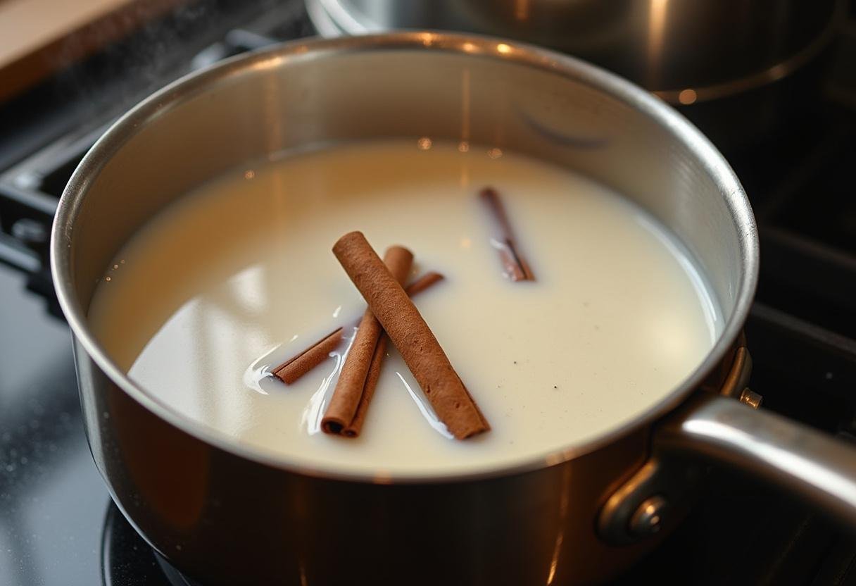 Leche y ramas de canela hirviendo a fuego lento en una cacerola para la preparación de la creme catalane.