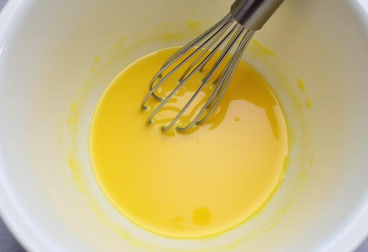 Yemas de huevo batidas con mezcla de azúcar para hacer creme catalane.