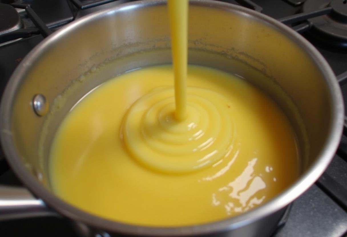 Verter la leche infusionada en las yemas de huevo para mezclar la creme catalane.
