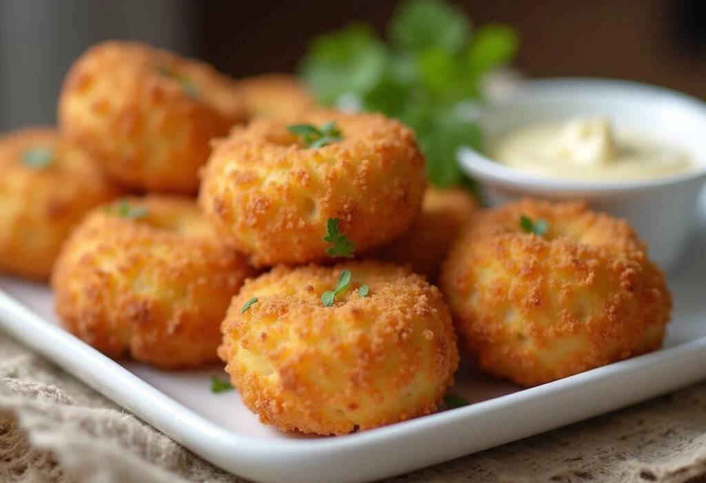 Delicious homemade croquetas de pescado served with dipping sauce, perfect for a meal.