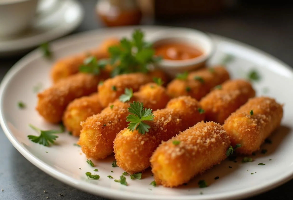 Deliciosas croquetas de pescado caseras servidas con salsa, perfectas para una comida.