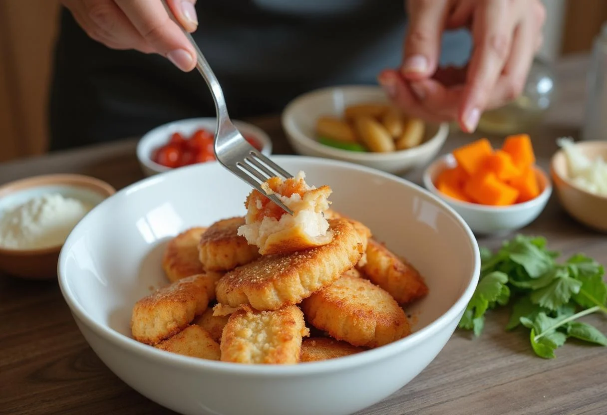 Pescado desmenuzado en un tazón, listo para convertirse en croquetas de pescado caseras.