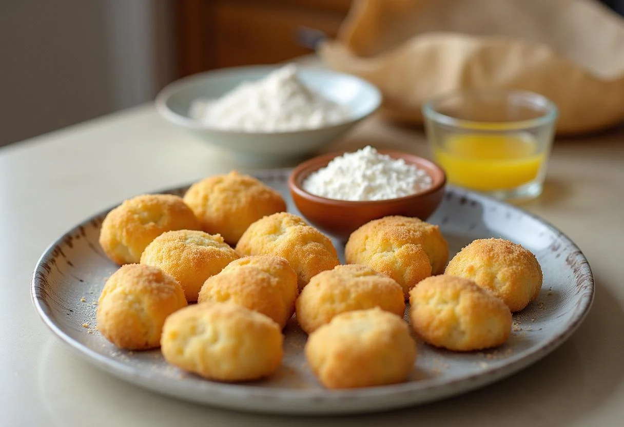 Croquetas de pescado listas para ser empanizadas sobre la encimera de la cocina.