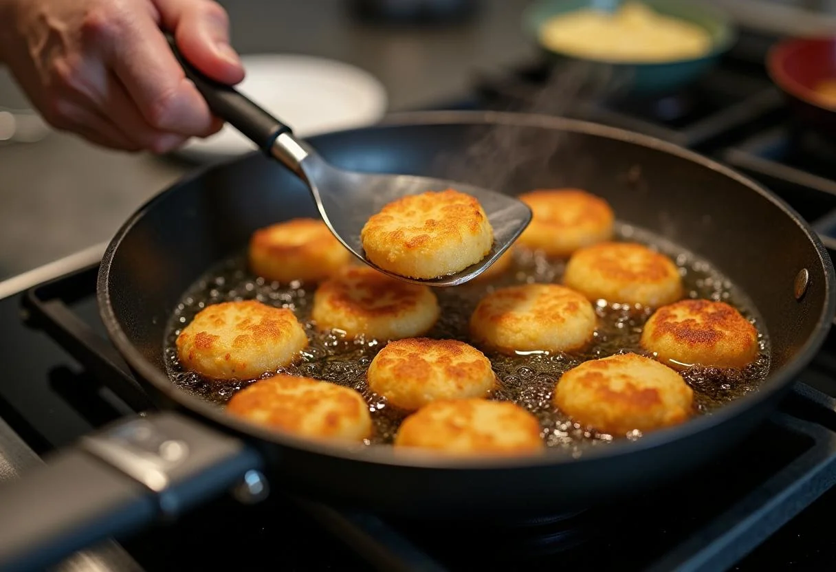Friendo croquetas de pescado en una sartén con aceite caliente sobre la estufa.