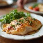 Pechuga de pollo cocida y servida con hierbas frescas, lista para disfrutar en la cena.