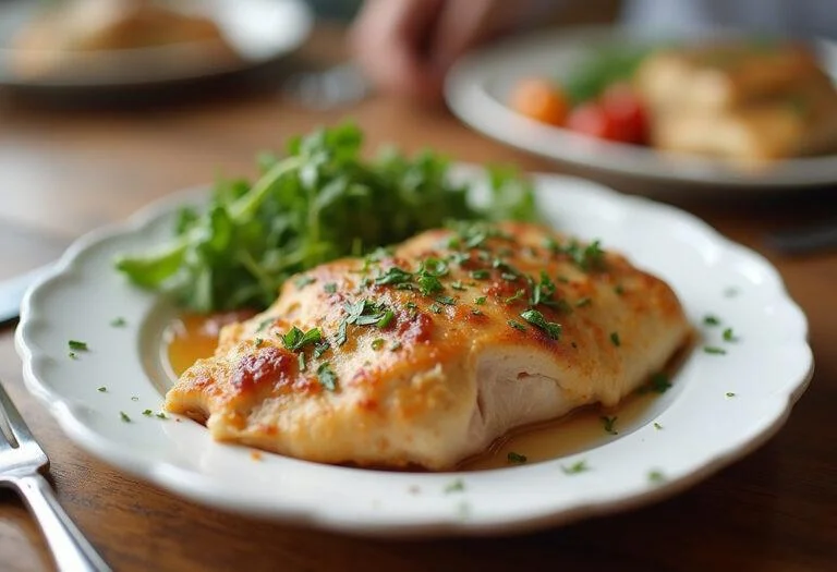 Pechuga de pollo cocida y servida con hierbas frescas, lista para disfrutar en la cena.