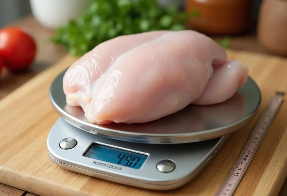 Cuanto pesa una pechuga de pollo en una balanza de cocina digital con cinta métrica.