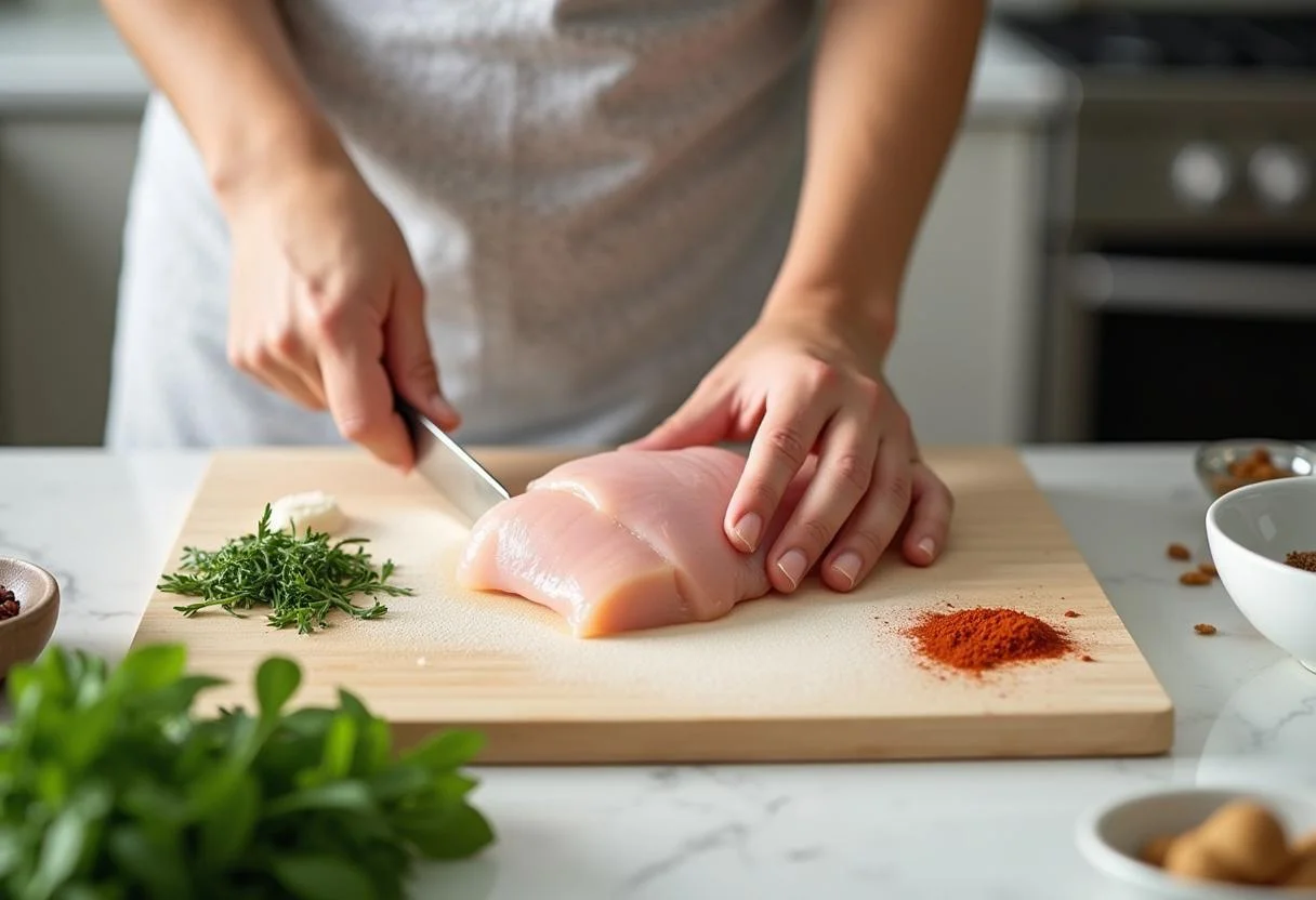 Preparando una pechuga de pollo fresca en una tabla de cortar antes de cocinarla.