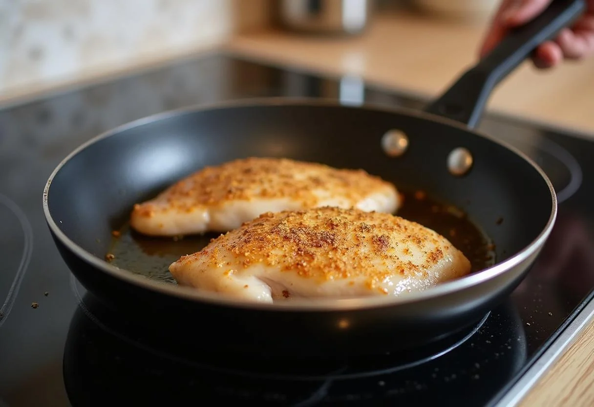 Cocinando una pechuga de pollo fresca en una sartén sobre la estufa para una deliciosa comida.