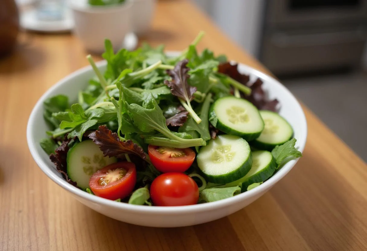 Ensalada fresca con lechugas, pepinos y tomates cherry para ensalada con queso de cabra.