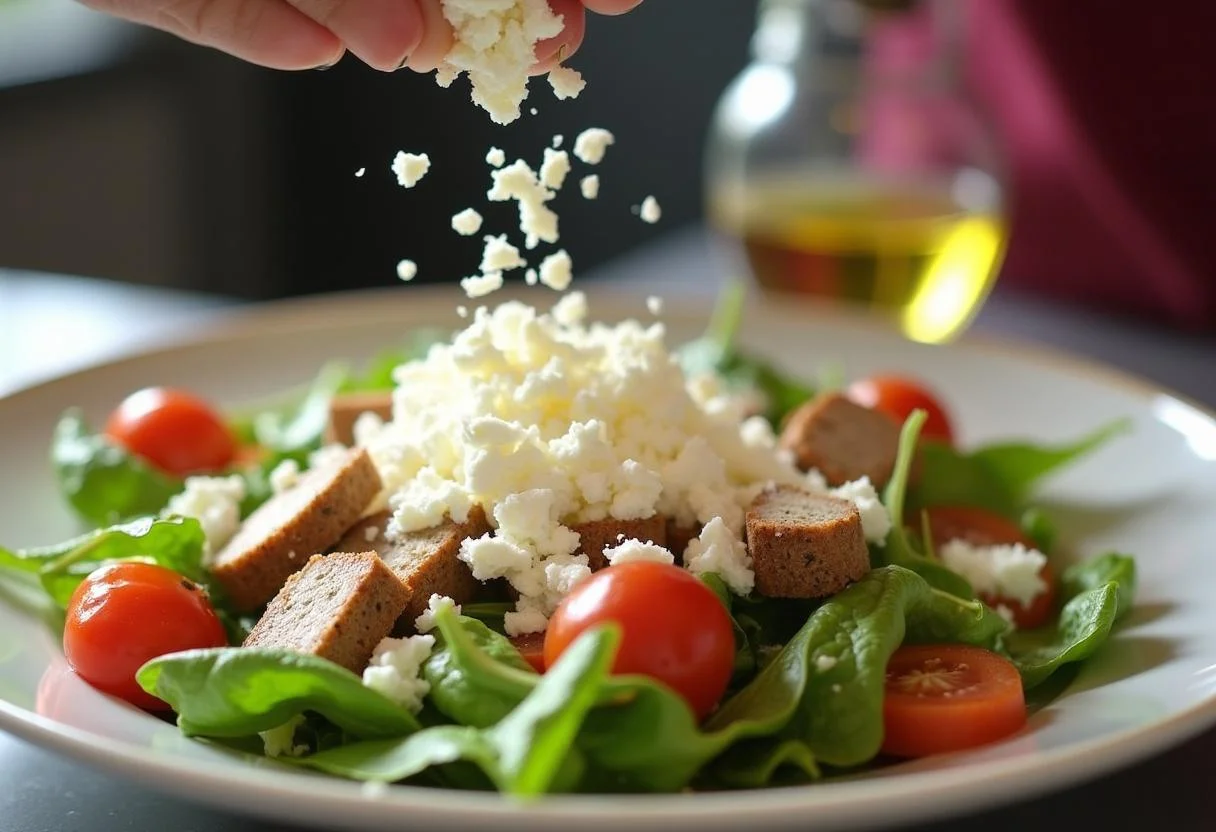 Añadiendo queso de cabra desmenuzado sobre la ensalada fresca para ensalada con queso de cabra.