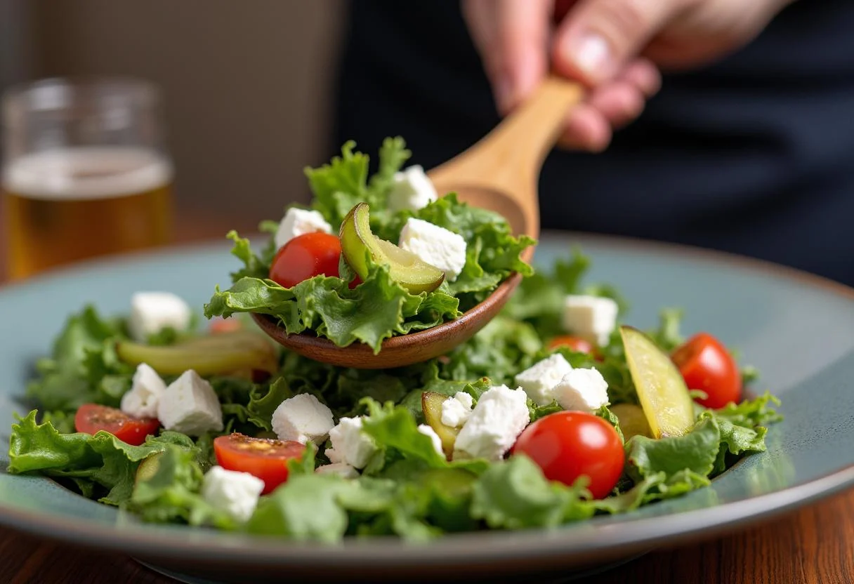Mezclando ensalada fresca con queso de cabra para una deliciosa combinación de sabores.