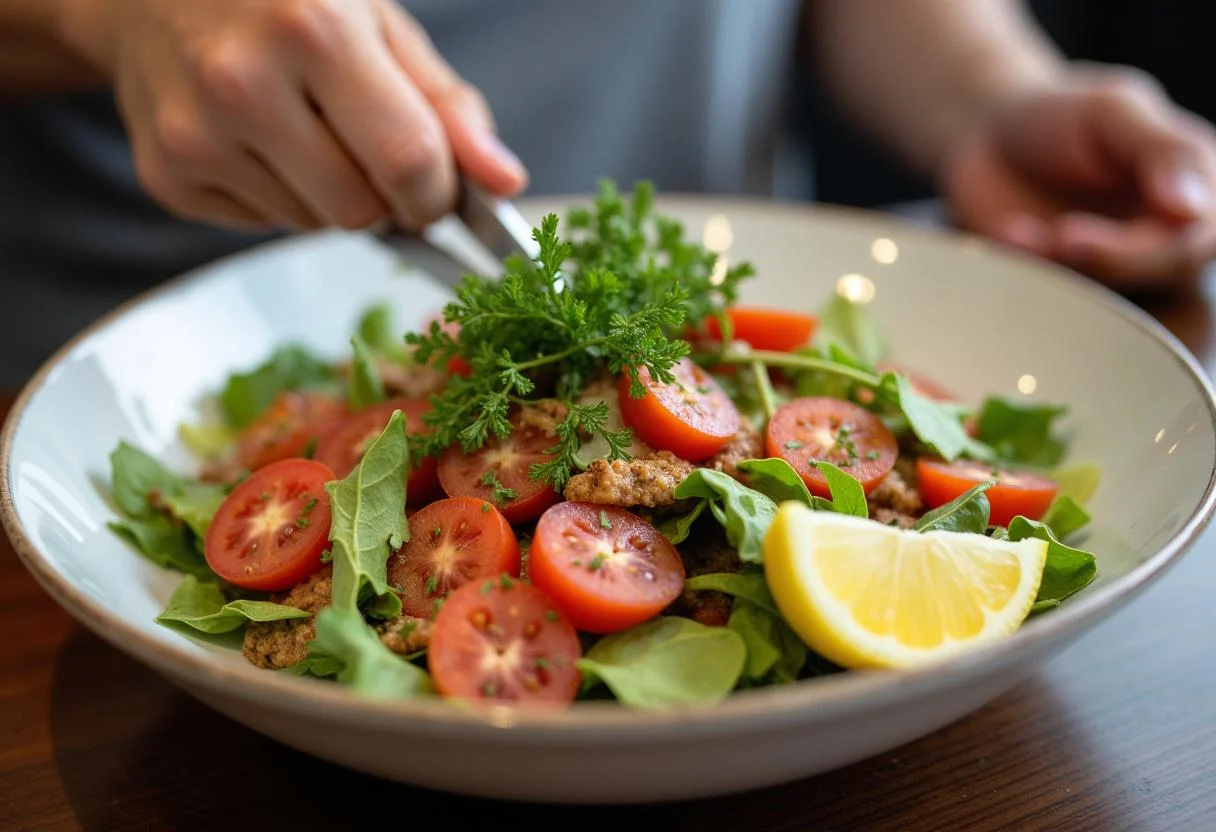 Ensalada fresca con queso de cabra servida en un bol grande, lista para disfrutar.