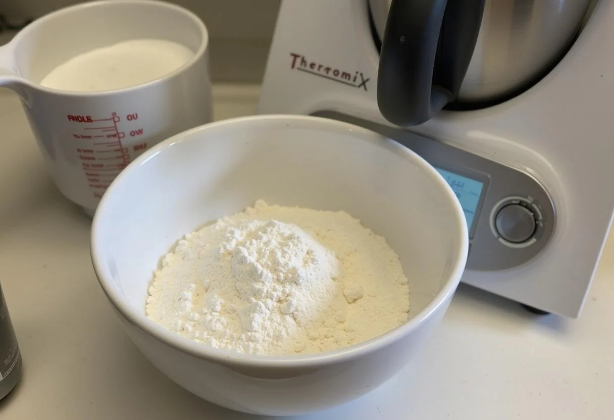 Ingredients for galletas de mantequilla thermomix, including flour and sugar in a bowl.