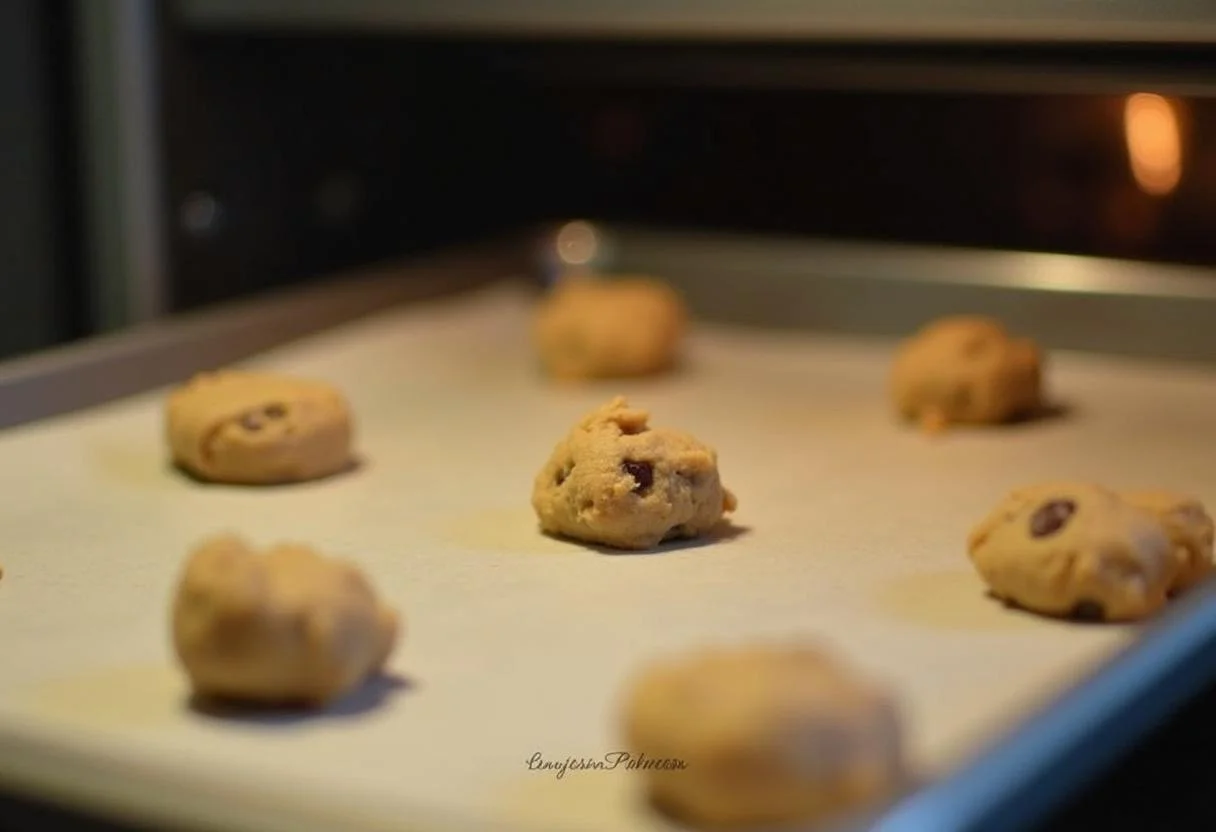 Dollops of cookie dough on a baking tray for galletas de mantequilla thermomix before baking.