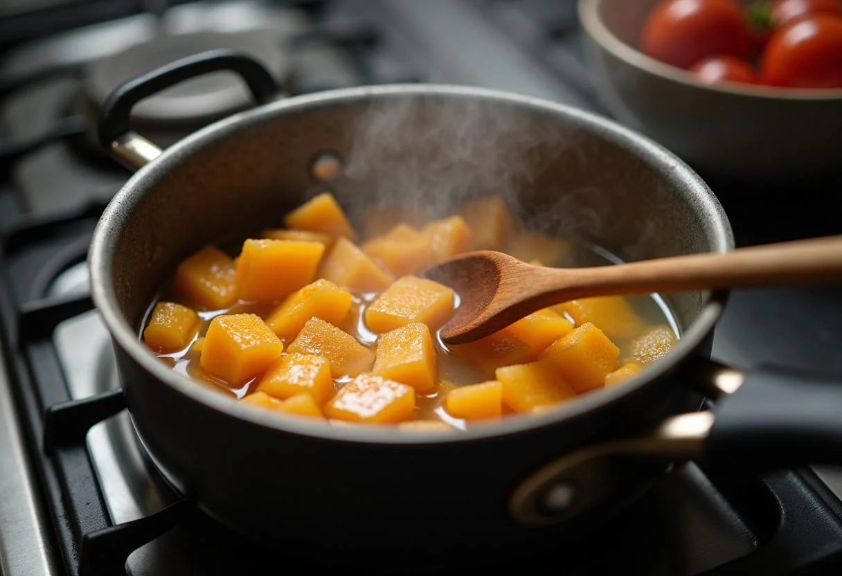 Cocinando higos chumbos en trozos con azúcar en una cacerola para un delicioso postre.