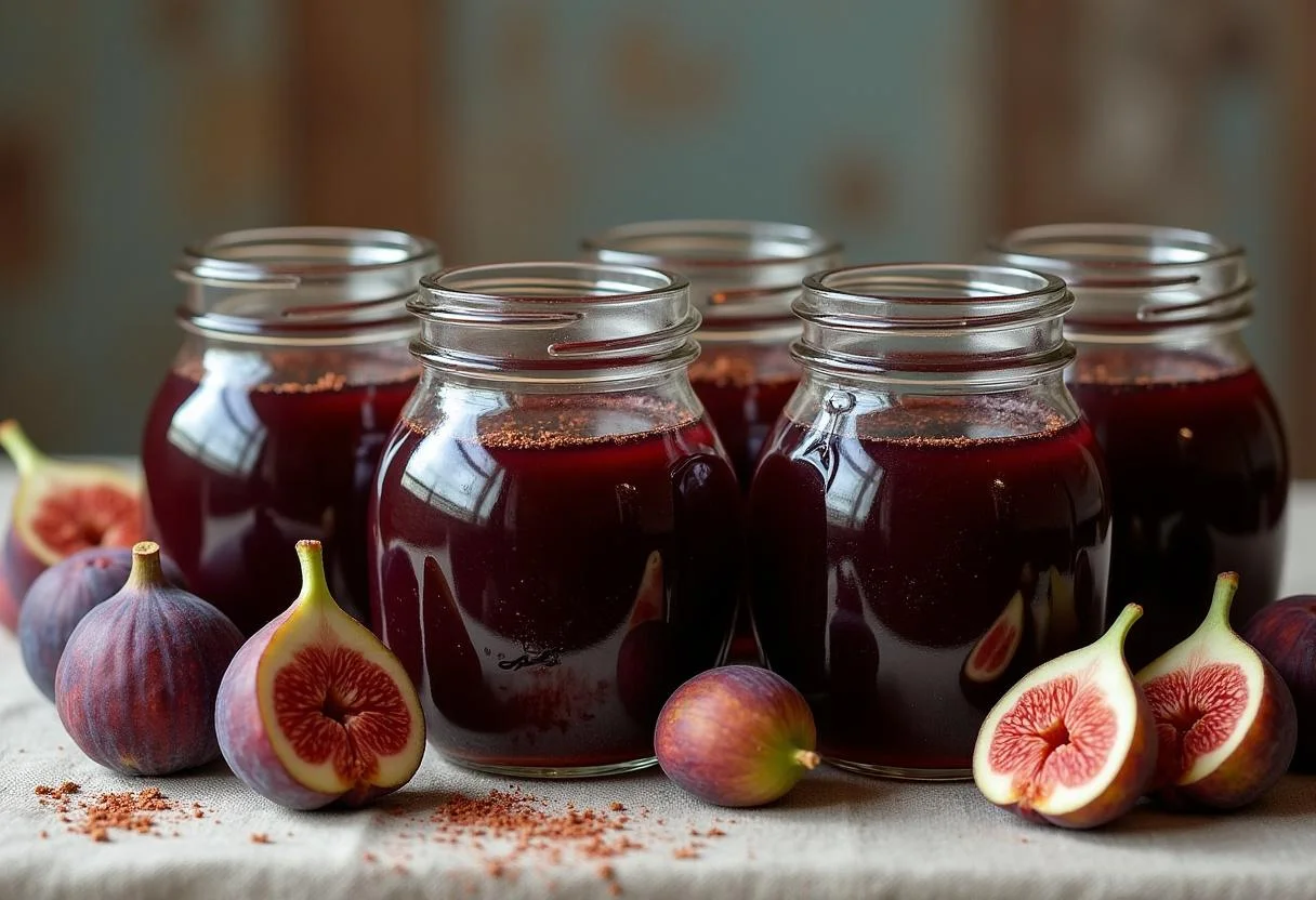 Finished higo tinto jars displayed with fresh higos tintos for a home-made touch.