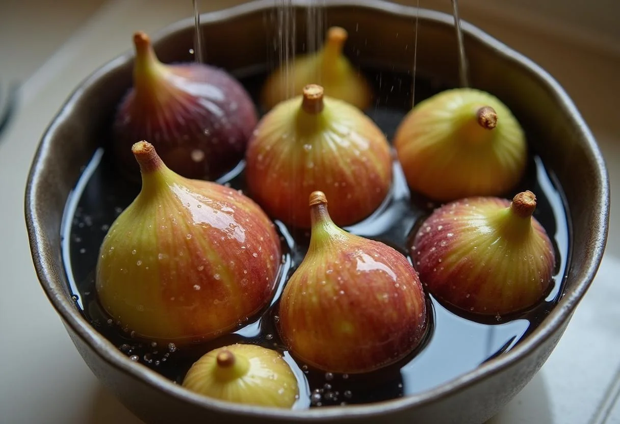Ripe higo tinto being washed to prepare a homemade fig jam.