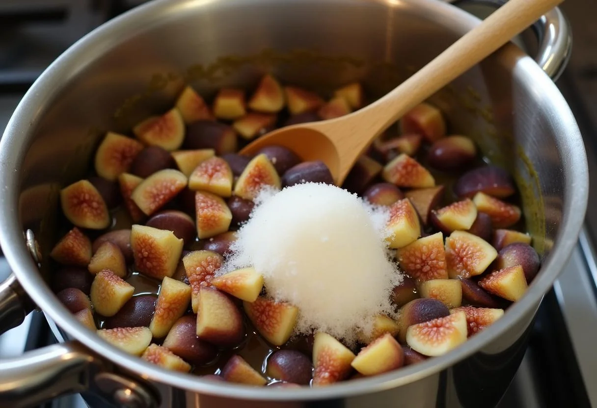 Chopped higos tintos mixed with sugar and lemon juice for making higo tinto casero.