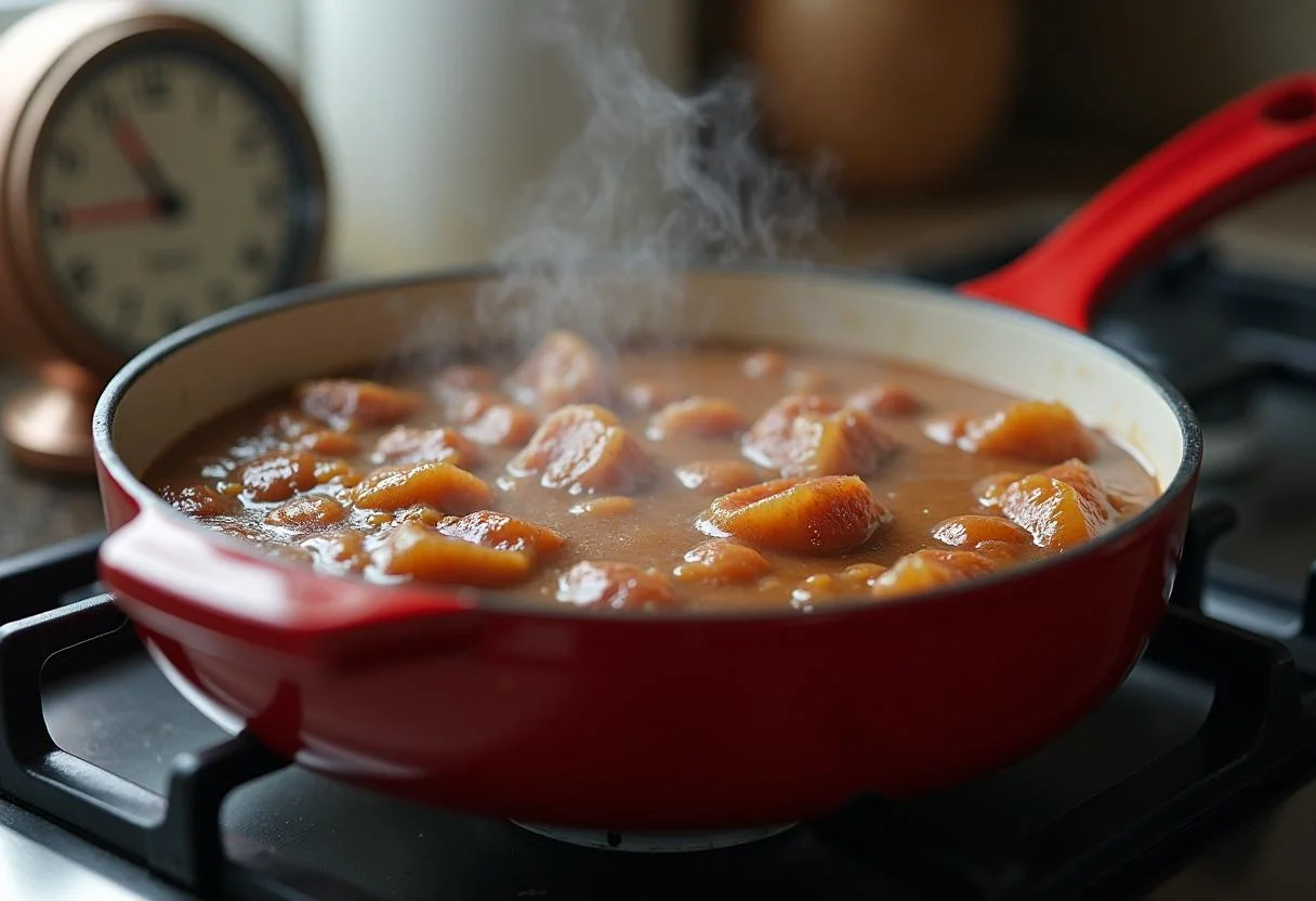 Bubbling higo tinto mixture cooking on the stove for homemade fig jam.