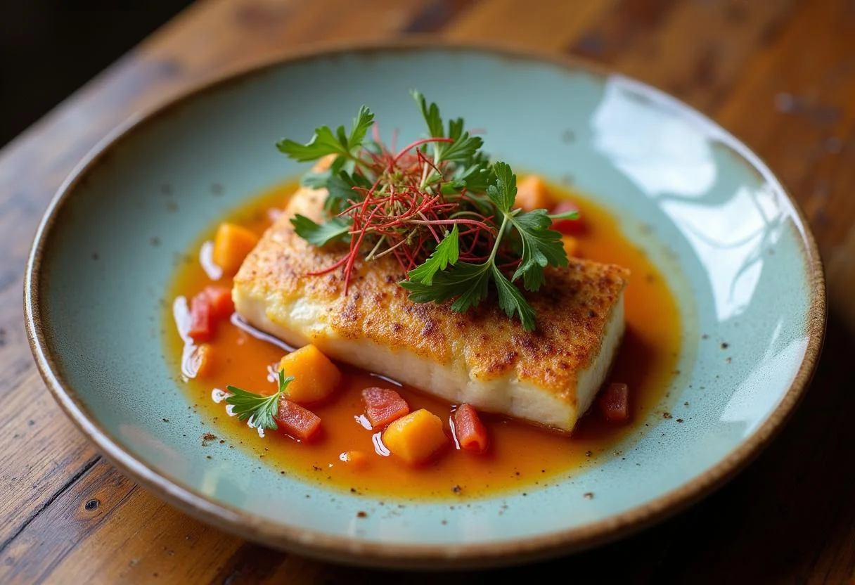 Hueva a la plancha gourmet, bellamente presentada y lista para disfrutar.