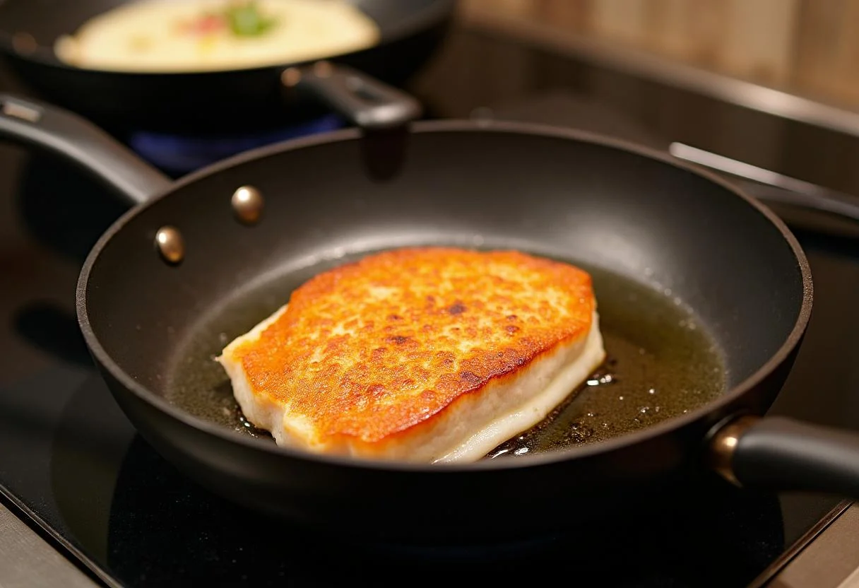 Calentando aceite en una sartén para preparar hueva a la plancha.