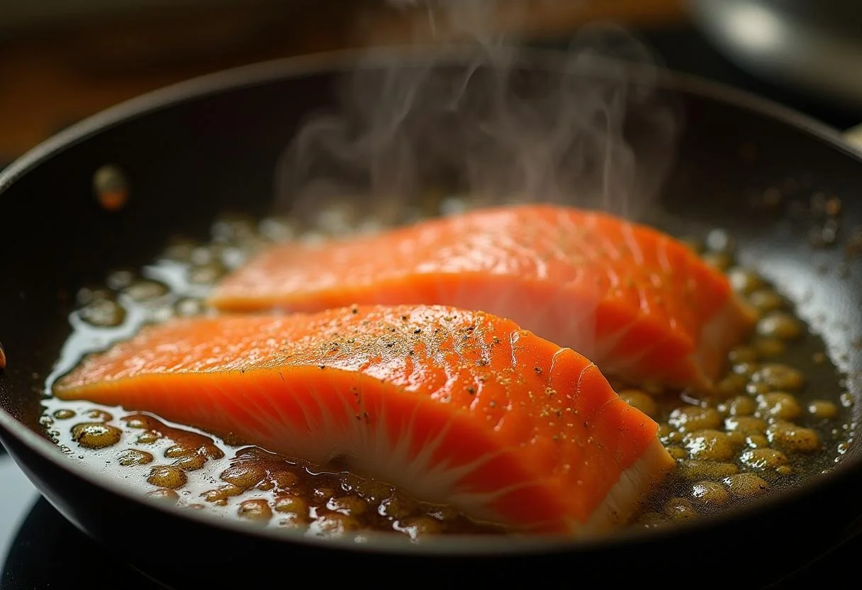 Huevas de pescado cocinándose en una sartén para hueva a la plancha.