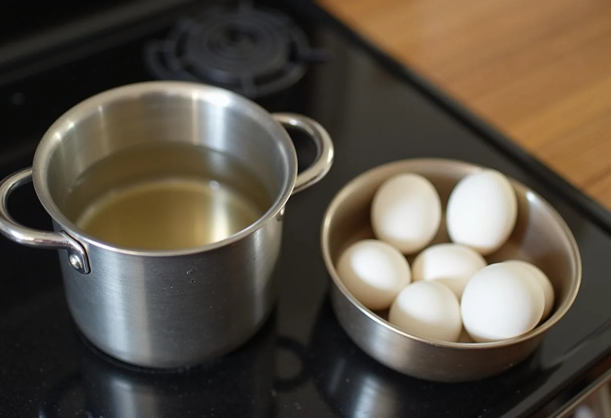 Agua en una olla y huevos listos para cocer, aprendiendo como cocer huevos duros y que se pelan bien.