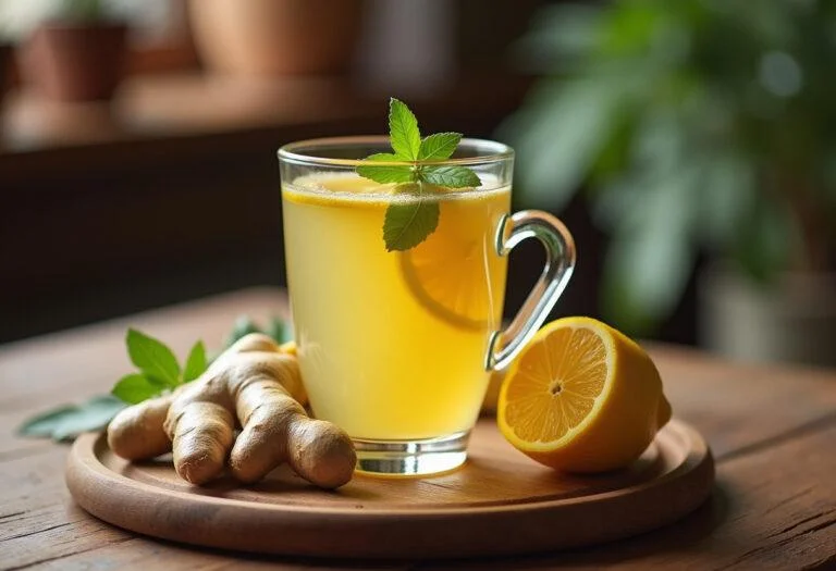 Taza de infusión de jengibre y limón servida con ingredientes frescos, ideal para disfrutar de un momento relajante.