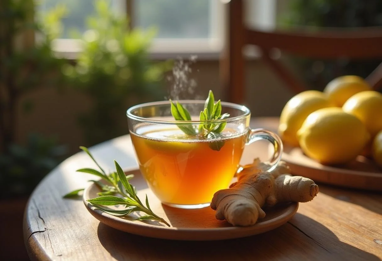 Taza de infusión de jengibre y limón servida con ingredientes frescos, ideal para disfrutar de un momento relajante.