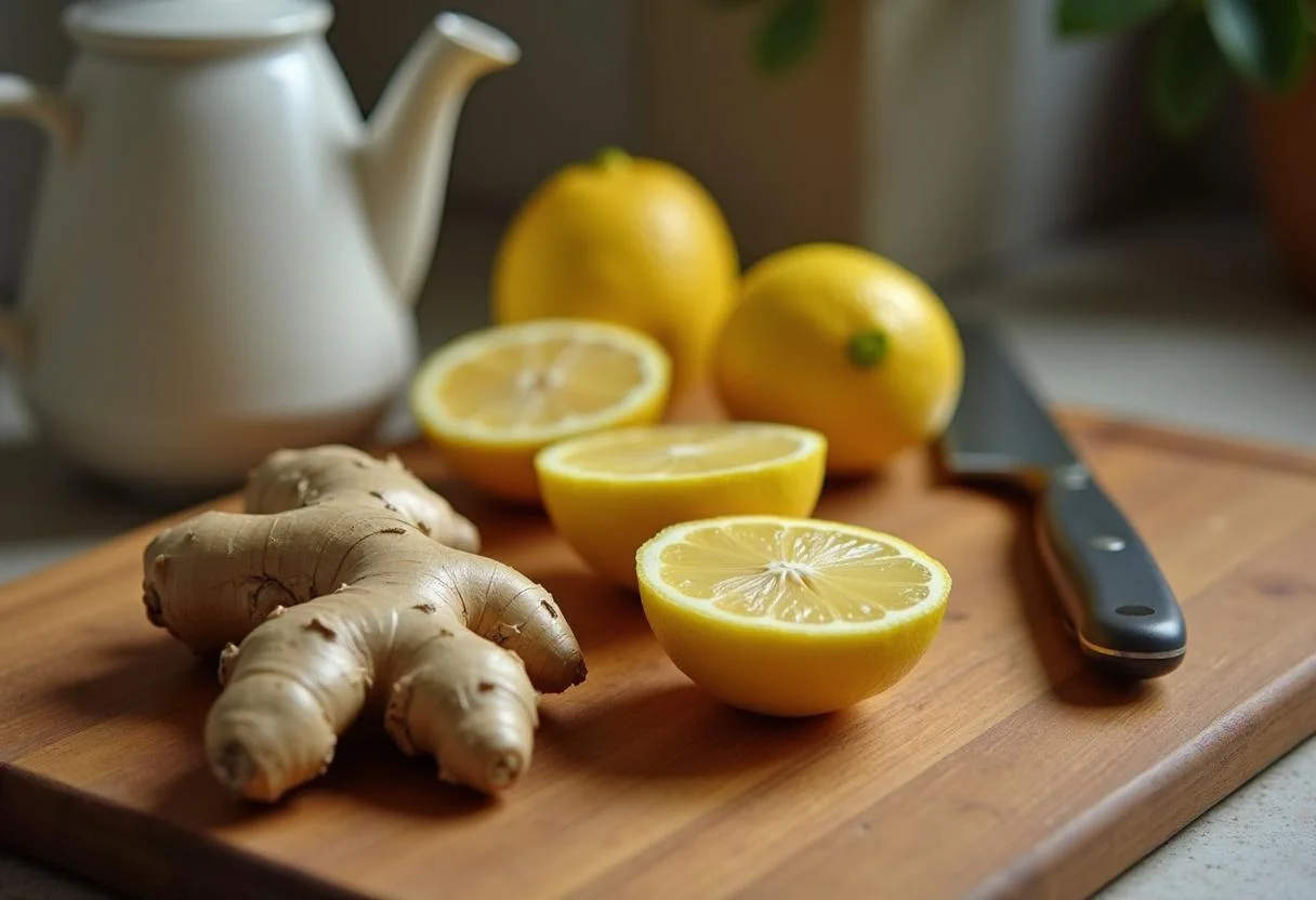 Preparación de ingredientes frescos para infusión de jengibre y limón, incluyendo raíz de jengibre y limones recién cortados.