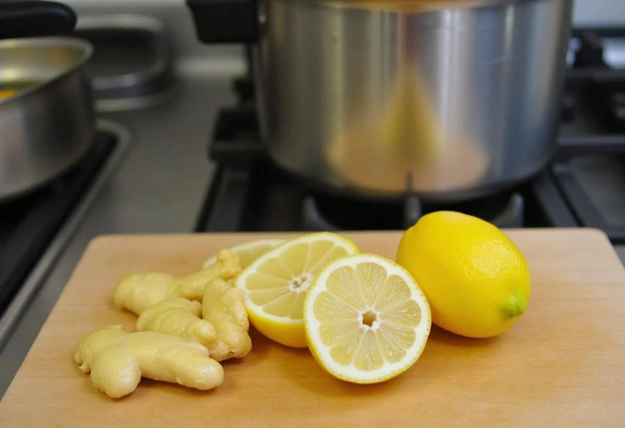 Agua hirviendo en una olla para preparar infusión de jengibre y limón, con rodajas de jengibre y limón a la vista.