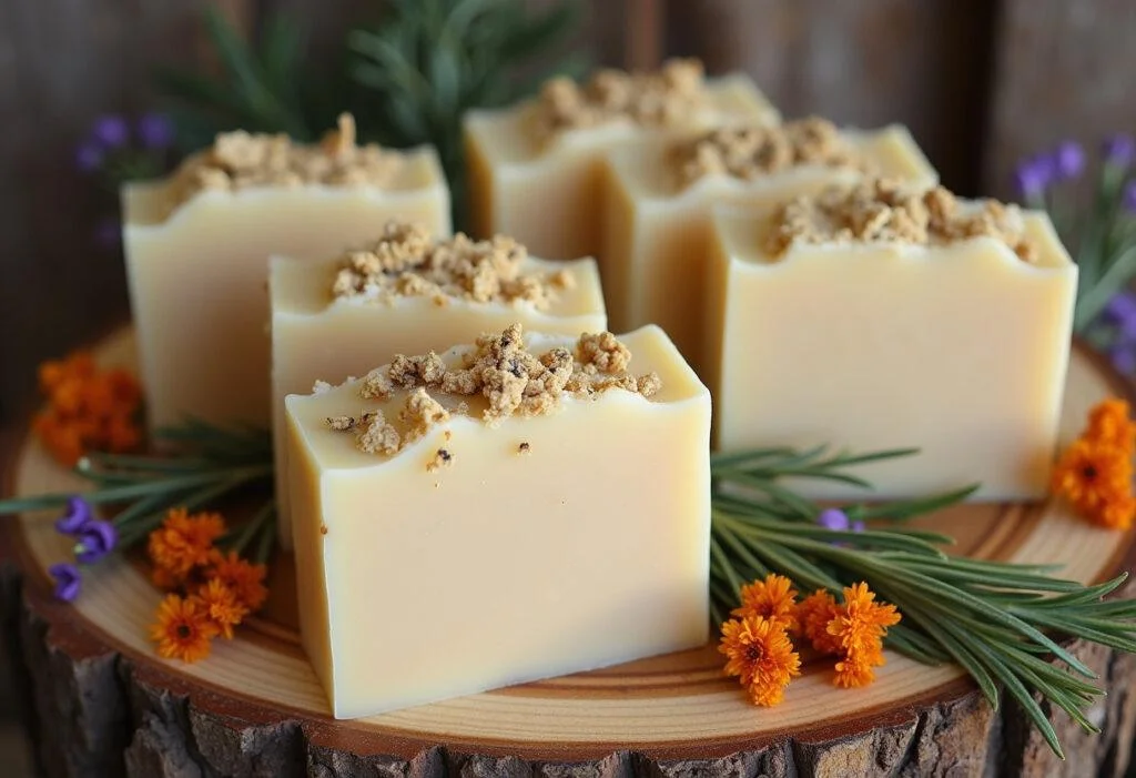 Jabon de leche de burra artesanal terminado, presentado con flores secas y hierbas para un toque natural.