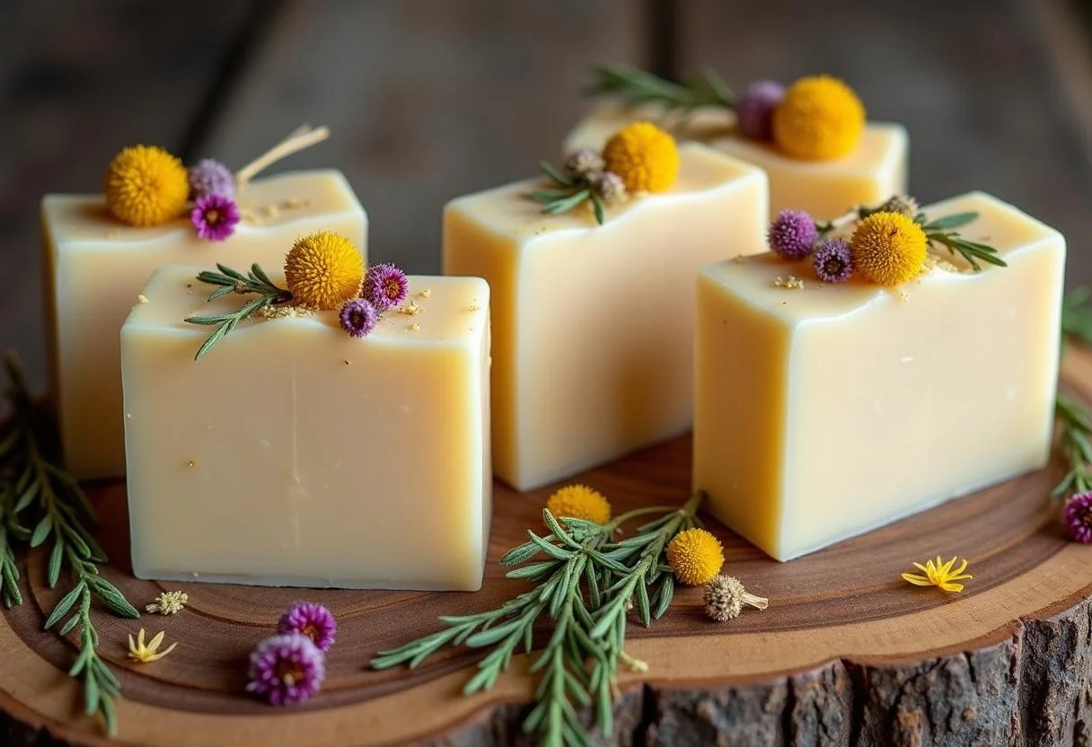 Jabon de leche de burra artesanal terminado, presentado con flores secas y hierbas para un toque natural.