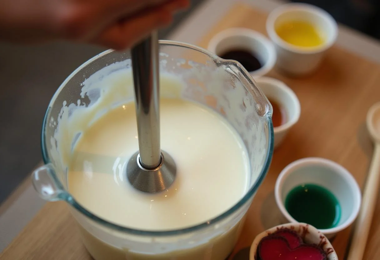 Mezclando leche de burra y sosa para crear jabon de leche de burra artesanal.