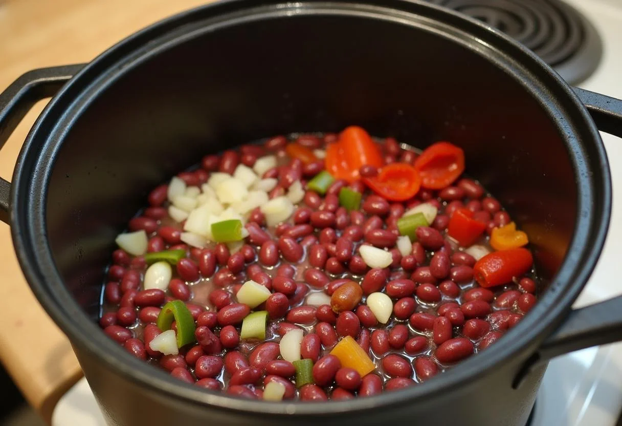 Judías pintas en remojo con cebolla y pimientos para receta de judías pintas con arroz.