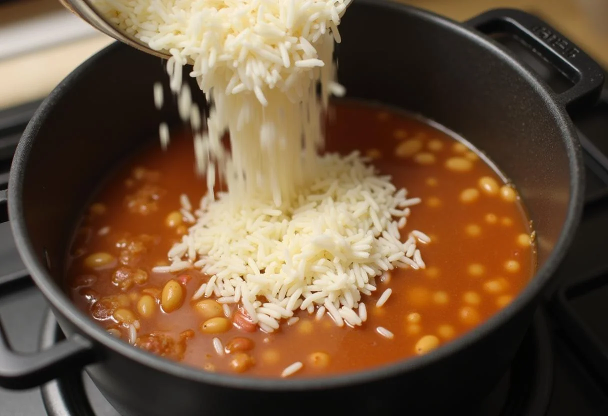 Arroz vertido en la olla con judías pintas para la receta de judías pintas con arroz.